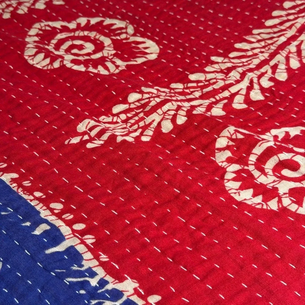 Vintage Kantha Quilt Twin Hand Stitched Sari Patchwork Boho Textile 52” x 80”